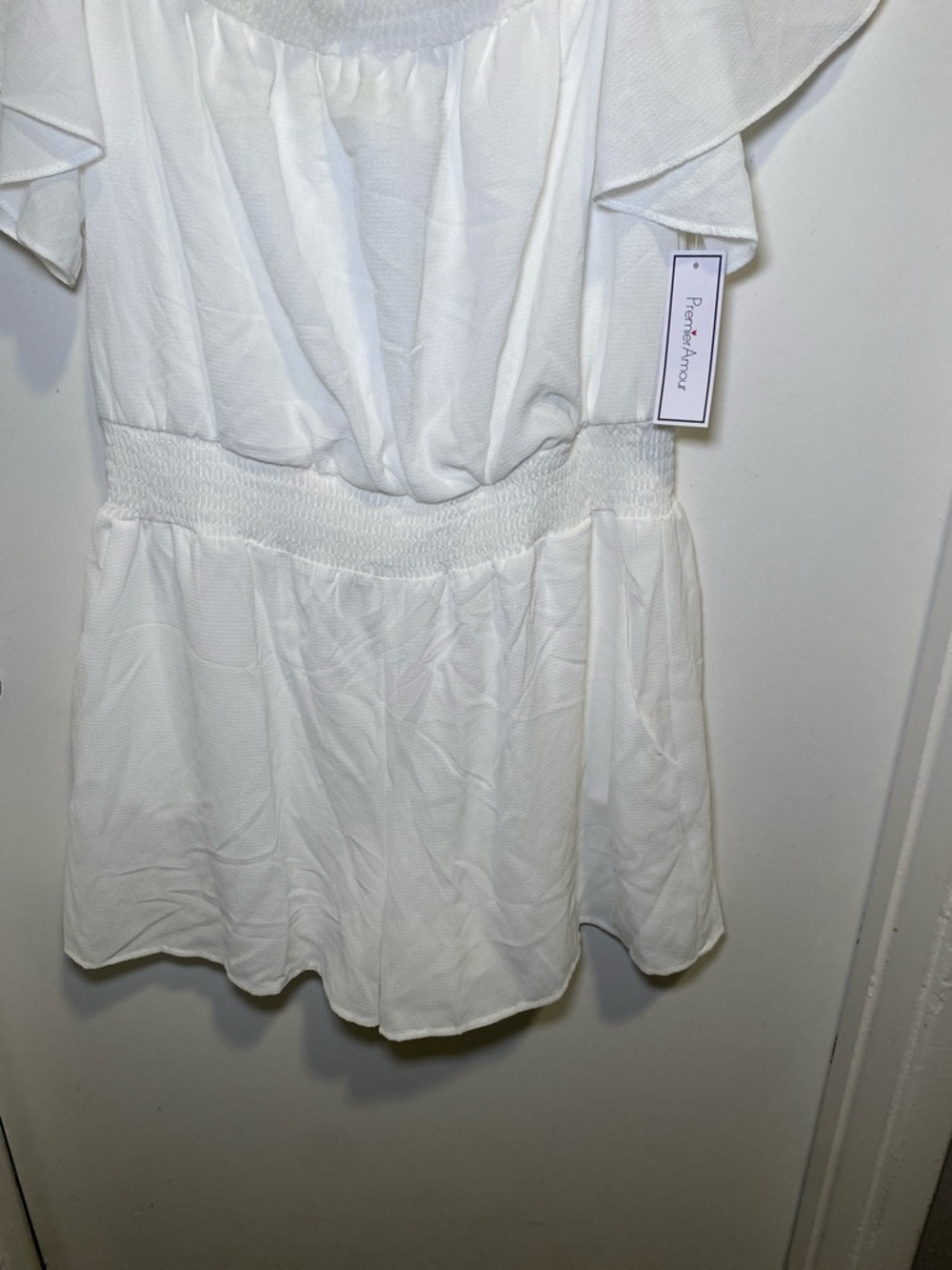 White Ruffle-Smock Mini Dress with Flutter Sleeves - Picture 4 of 5